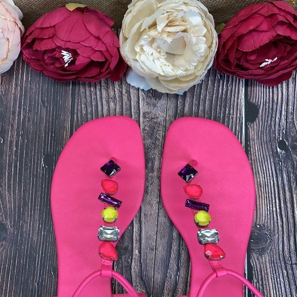 Schutz Neon Pink Eryl Embellished Thong Sandals 9B - Picture 4 of 8